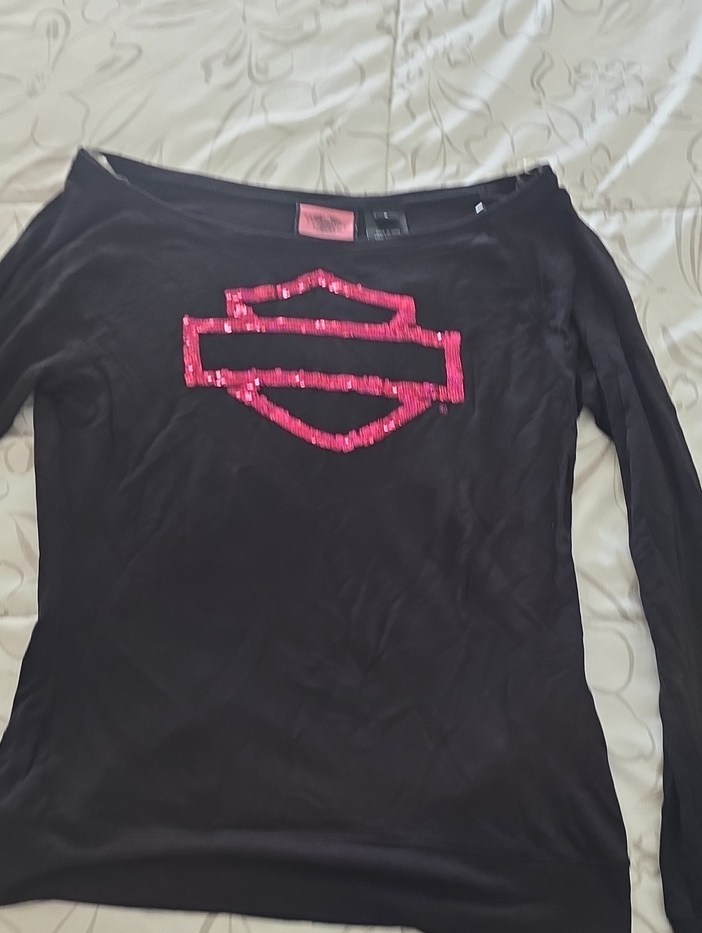 Harley-Davidson Black Long-Sleeve Top with Pink Sequin Logo